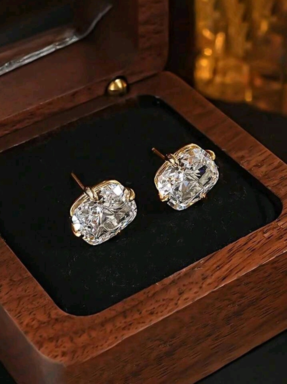 Gold Rhodium Quartz Cushion Stud Earrings